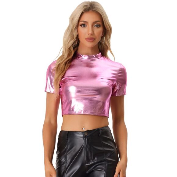 Sparkle Party Tops Short Sleeve Mock Neck Metallic Crop Top Pink - Picture 1 of 6